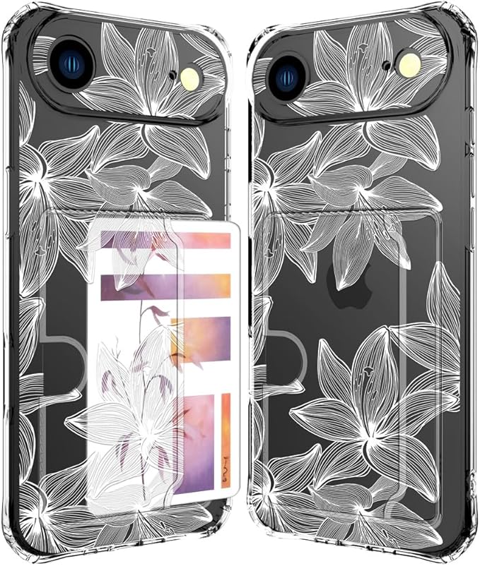 Compatible with iPhone 17 Air Case Card Holder for Women Cute Design,Wallet Phone Cases Transparent Cool Kawaii Protective (Clear Flower White)
