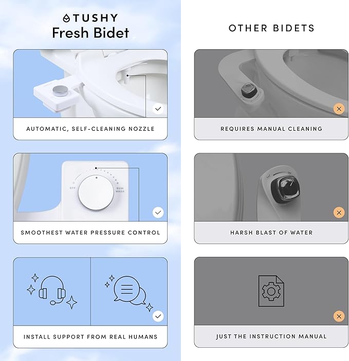TUSHY Fresh Cool Water Bidet: Ultra Slim Toilet Seat Attachment (Non-Electric Self-Cleaning Hygienic Nozzle) Easy DIY Install <10 Min (Adjustable Water Pressure Control), Matte Brass Knob
