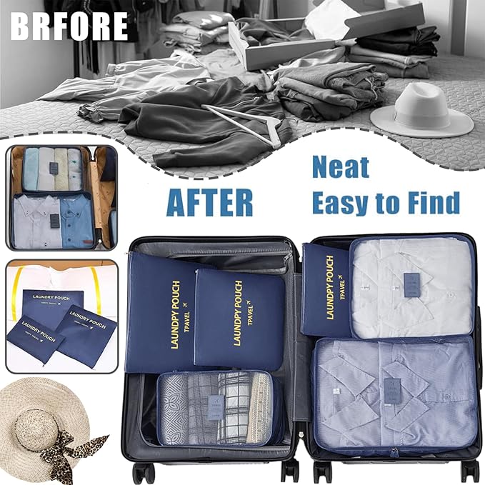 12 Set Packing Cubes for Travel Luggage Packing Bags Reusable Waterproof Suitcase Organizer Bags Set with Shoe Bag and Toiletry Bag (Sky Blue+Navy Blue)