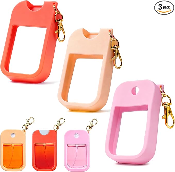 3 Pcs Silicone Case with Keychain Compatible with Touchland Hand Sanitizer Spray Mist 1 fl oz, 3 Colors Anti-Slip Protective Case(Red,Pink,Orange)