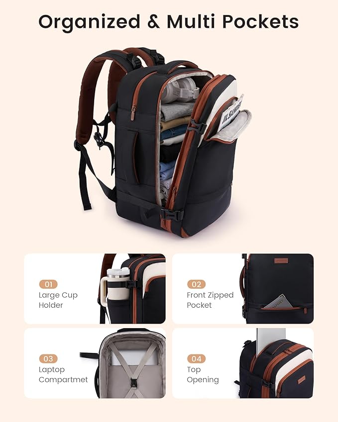LOVEVOOK Carry On Backpack for Women & Men, Travel Backpack Carry On Flight Approved, 55L Personal Item Travel Bag, Business Weekender Overnight with Cup Holder & 2 Cubes, 18 Inch Black-beige-brown
