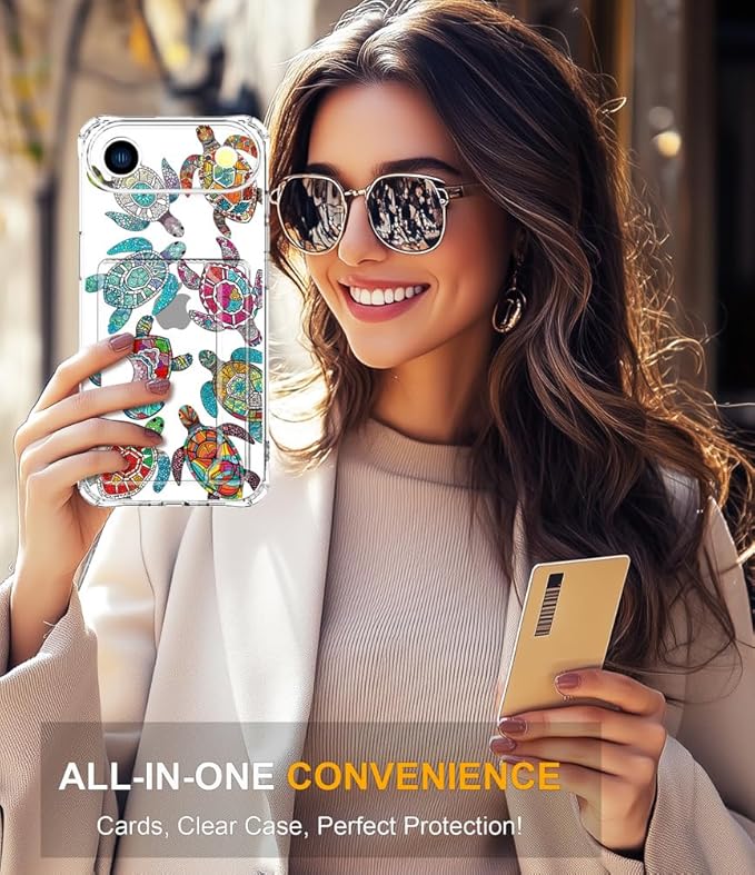 Compatible with iPhone 17 Air Case Card Holder for Women Cute Design,Wallet Phone Cases Transparent Cool Kawaii Protective (Clear Sea Turtles Animal Tribal)