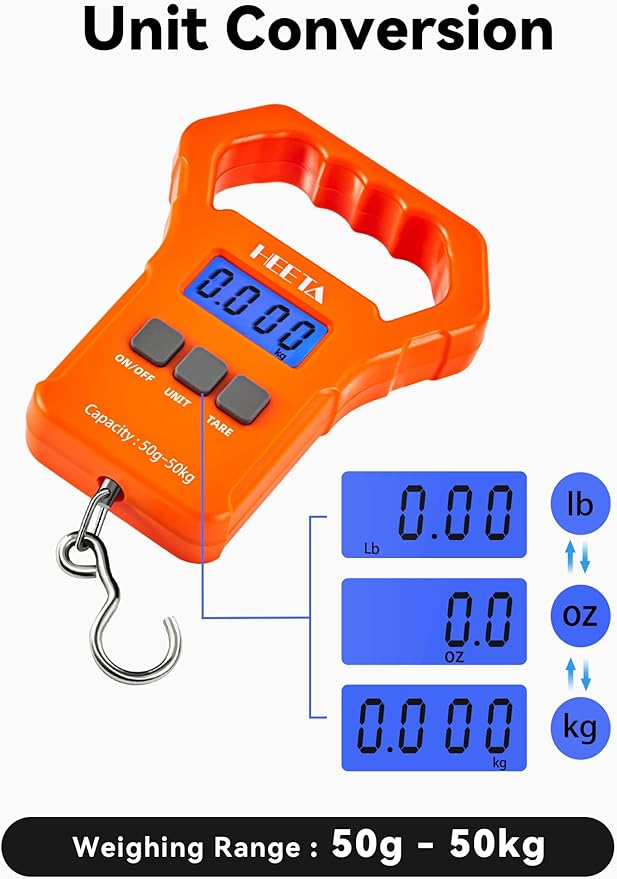 HEETA Fish Scale, 110lb/50kg Digital Portable Hanging Fishing Weight Scale with Backlit LCD Display, Luggage Scale with Hook, Non-Slip Large ABS Handle & 2 AAA Batteries, Fishing Gifts Gear for Men