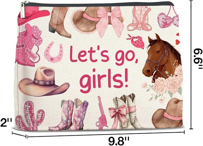 LyoGao Western Cowgirl Pink Makeup Bag, Nashville Cosmetic Bag for Country Girl Friend Daughter Sister, Let's Go Girls