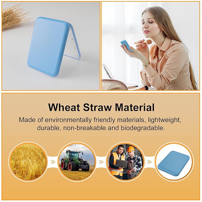 Kintion Wheat Straw Pocket Mirror, 1X/3X Magnification Travel Mirror for Purse, Folding Handheld Mirror, Small Lighted Compact Mirror for Gift, Blue
