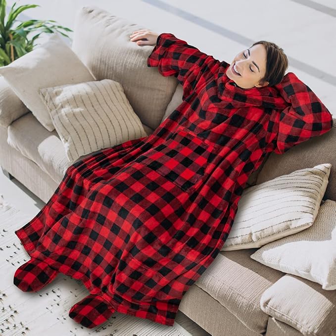 PAVILIA Fleece Blanket with Sleeves, Foot Pockets for Women Men Adults, Plush Wearable Blanket Throw Wrap, Warm Snuggle Blanket Robe, Cozy Gift Ideas Wife Mom, Checkered Red