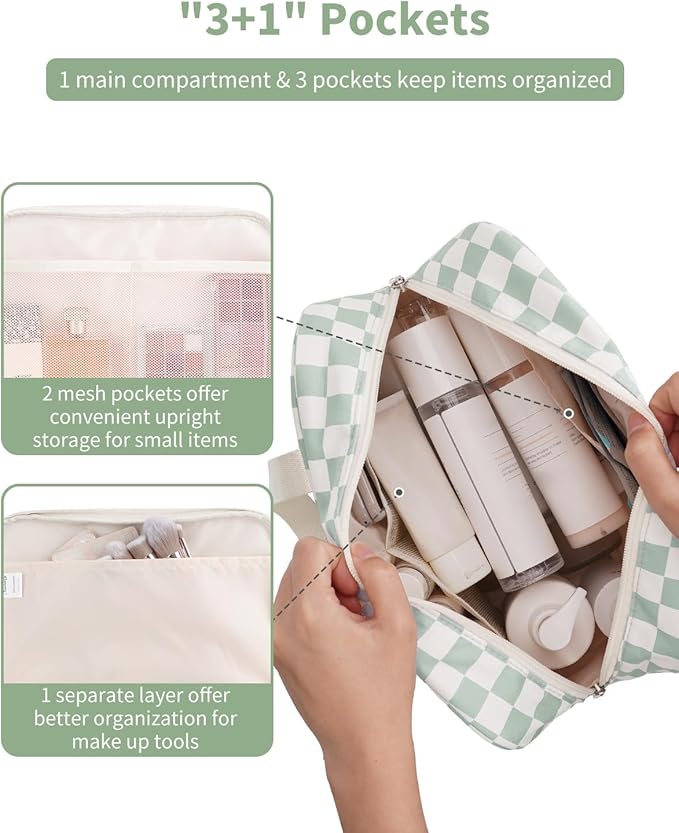 Narwey Large Capacity Travel Toiletry Bag Women, Checkered Makeup Bag with Handle, Portable Make up Cosmetic bag Organizer, Travel Bag for Toiletries, Skincare, Medicine, Essentials (Green Checker)