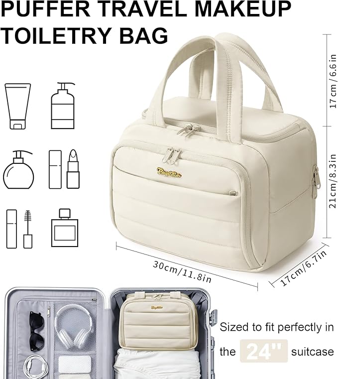 Bagstellar Travel Toiletry Bag for Women, Lightweight Large Quilted Puffy Makeup Bag Wide-open Make up Organizer Cloud Cosmetic Bag w/Handle for Traveling Toiletries, Essentials, Accessories, Beige