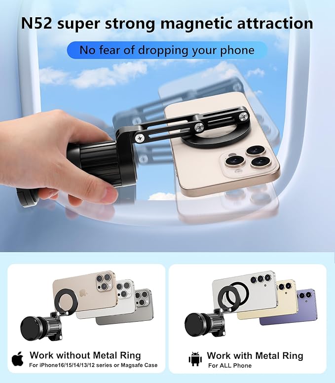 Magnetic Airplane Phone Holder Mount, Long Flight Essentials Travel Accessories for iPhone 16 15 14 13 12, Foldable Phone Holder for Plane Seat Back, Best Gifts for Travelers Women Man Travel