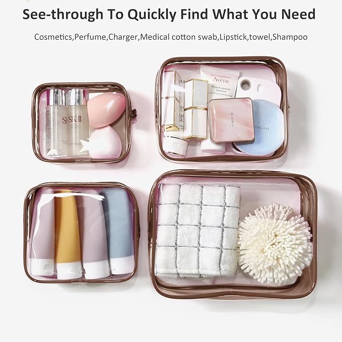 TSA Approved Toiletry Bag - Clear Makeup Bag Waterproof Quart Size Bag, Travel Makeup Cosmetic Bag for Women Men, Carry on Airport Airline Compliant (Coffee, Pack of 4)