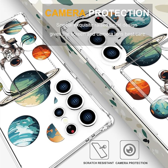 Compatible with Samsung Galaxy S24 Ultra Case Card Holder for Women Cute Design,Wallet Phone Cases Transparent Cool Kawaii Protective (Clear Astronaut Space Planets)