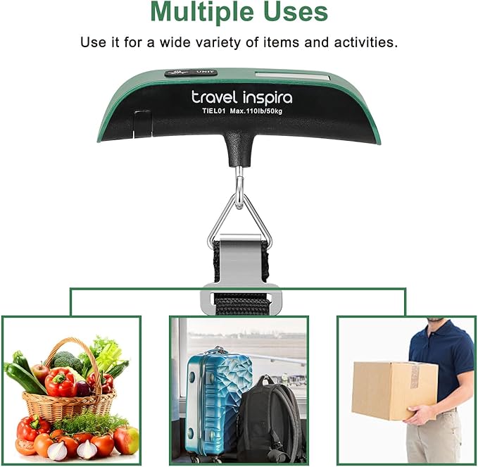 travel inspira Luggage Scale, Portable Digital Hanging Baggage Scale for Travel, Suitcase Weight Scale with Rubber Paint, 110 Pounds, Battery Included - Green