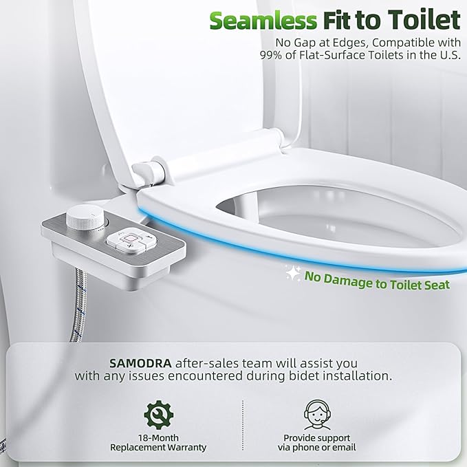 SAMODRA Bidet Attachment, Non-Electric Cold Water Bidet Toilet Seat Attachment with Pressure Controls, Retractable Self-Cleaning Dual Nozzles for Frontal & Rear Wash - Brushed Nickel