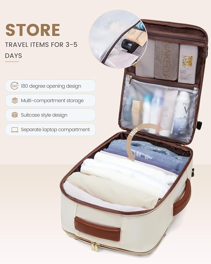 LOVEVOOK Travel Backpack For Women,40L Carry On Backpack Flight Approved,TSA Personal Item Travel Bag Fits 17 Inch Laptop,Business Weekender Overnight Daypack with Toiletry Bag and Cube,White brown