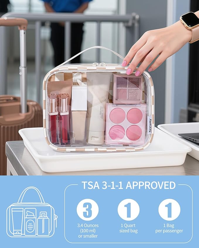 Narwey TSA Approved Clear Toiletry Bag for Travel Waterproof PVC Clear Makeup Bags, Portable Compact Cosmetic Bag Make Up Organizer, Airport Airline Quart Size Compliant Bag (Light Brown Checkerboard)
