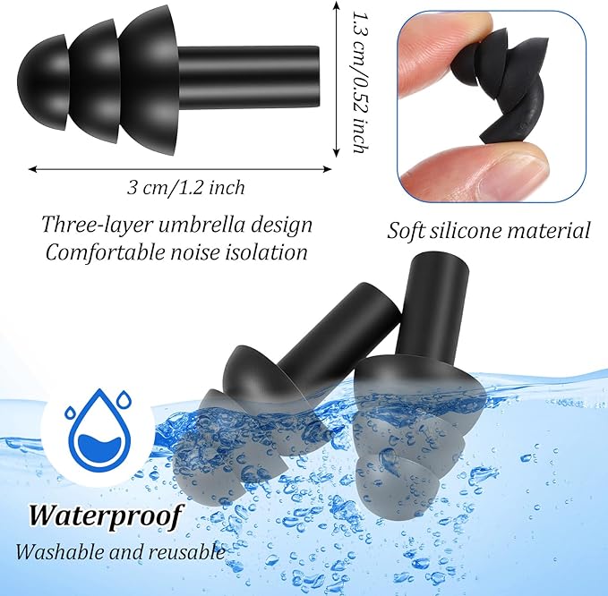 200 Pair Silicone Earplugs, Reusable Ear Plugs for Sleeping Noise Cancelling, Waterproof Bulk Soft Ear Plugs for Shooting, Swimming, Concerts Black