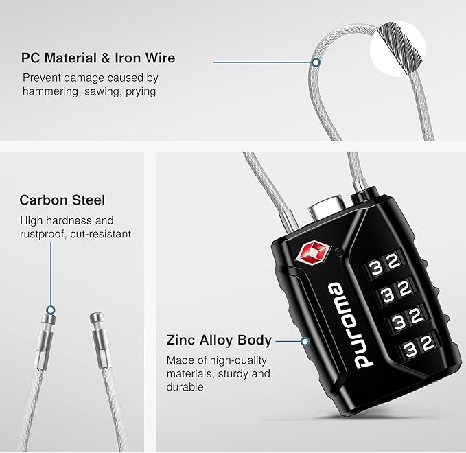 Puroma TSA Approved Luggage Locks, 4 Digit Combination Travel Cable Locks Resettable Code Lock with Zinc Alloy Body for Suitcase, Toolbox, Backpack, Bag, Gym Locker (Basic Black)
