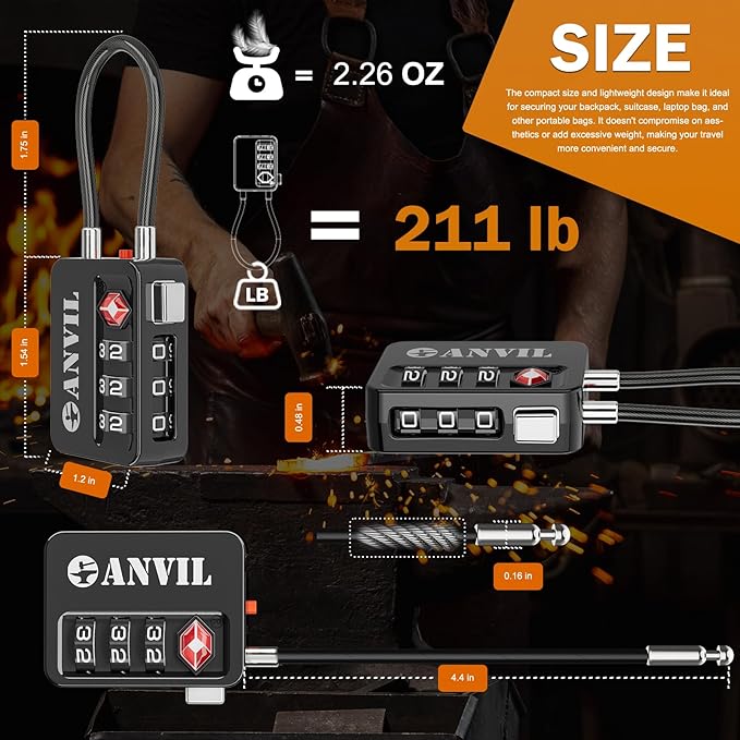 ANVIL TSA Locks for Luggage with Search Alert: Durable Cable Combination Locks, TSA Approved - Secure Travel Locks for Suitcases, Backpacks & Gun Cases (4, Black)