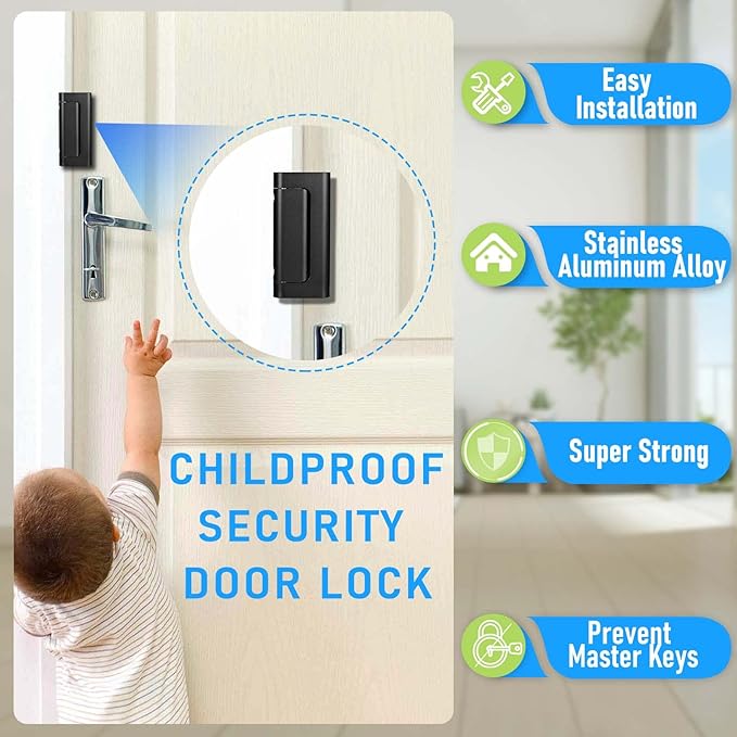 Door Reinforcement Lock, 2PACK Home Security Door Lock Withstands 800 lbs, Childproof Top Door Lock Latch for Toddlers Safety, Inside Night Defender for Inward Swinging Doors