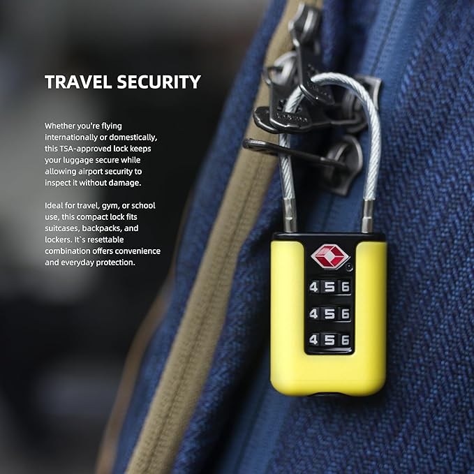 TSA Approved Luggage Locks, 3-Digit Waterproof Padlock, Combination Travel Cable Lock, Lockers, Suitcases, Toolboxes (Yellow+Yellow)