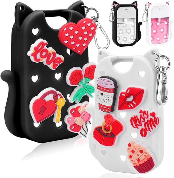 Mity rain Valentine Cat Silicone Case for Touchland Mist 1 FL OZ Hand Sanitizer Spray, Portable Travel Keychain with 10 Love Charms, Ideal Valentine’s Day Gifts for (Him/Her) your beloved