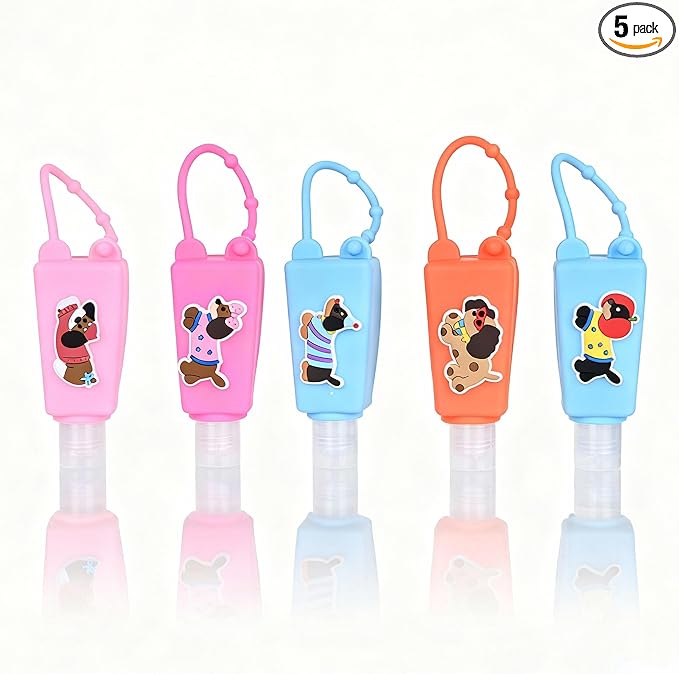5-Pack Cartoon Kids Hand Sanitizer Holder, 30ml Travel Size Refillable Bottles with Silicone Case, Leak-Proof Portable Containers for Lotion & Liquid Soap (Cool Pup)