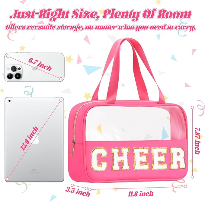 BuyCard Chenille Letter Patch Clear Travel Bags, Preppy PVC&Nylon Makeup Bag with Handle and Zipper, Waterproof Large Clear Travel Toiletry Bag Storage Bag for Women Girls