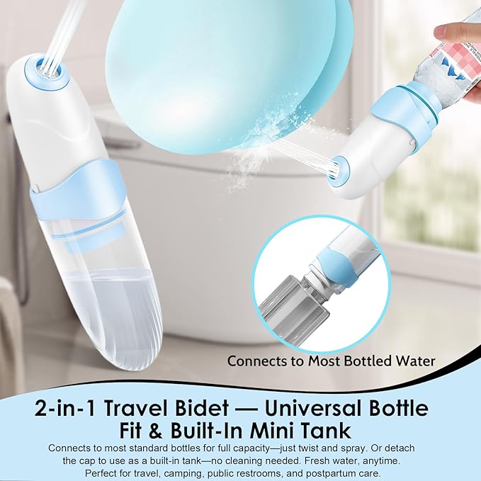 Portable Bidet for Travel Mini Handheld Bottle-Ready Jet Sprayer, Type-C Rechargeable with Gentle & High-Pressure Modes, On-The-Go Camping Toilet Hygiene for Women, Men & Babies（Blue）