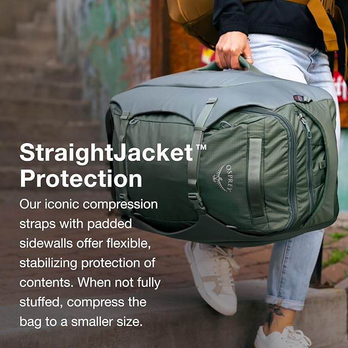 Osprey Sojourn Porter 46L Travel Backpack – Carry-On Compliant Luggage with StraightJacket Compression and Padded Laptop Sleeve – Durable Pack for International or Urban Travel, Koseret Green