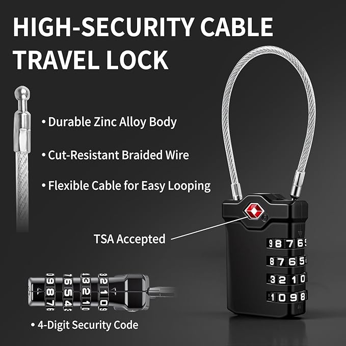 XOOL 2PCS TSA Approved Luggage Locks 4 Digit with Flexible Steel Cable, Resettable Luggage Padlock for Suitcases, Backpacks, Gym Bags & Travel Use