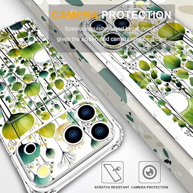 Compatible with iPhone 17 Pro Case Card Holder for Women Cute Design,Wallet Phone Cases Transparent Cool Kawaii Protective (Clear Green Flower Leaves Buds)
