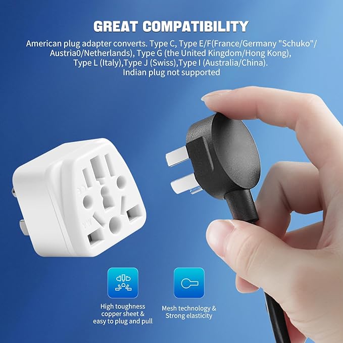 2 Pack US Travel Plug Adapter, 3 Prong Grounded USA Wall Plug Wall Outlet Power Charger Converter (White)