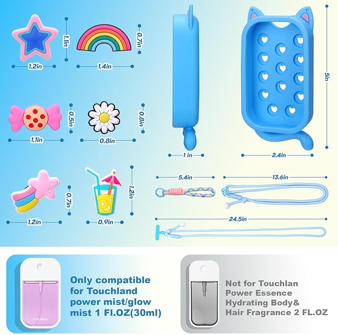 Juome Hand Sanitizer Spray Case for Touchland with Adjustable Keychain Lanyard & Charms, Cat Silicone Protective Holder for Touch Land Mist Case 1FL. OZ, Travel Cover Sleeve Accessory - Blue