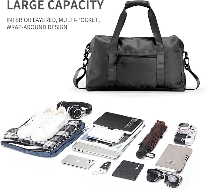 Travel Duffle Bag,Sport Gym Bag for Men And Women with Wet Pocket,Weekender Bag Carry On Tote Bags for Airplane (Black, M)