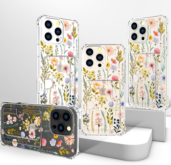 Compatible with iPhone 16 Pro Max Case Card Holder for Women Cute Design,Wallet Phone Cases Transparent Cool Kawaii Protective (Clear Watercolor Floral)