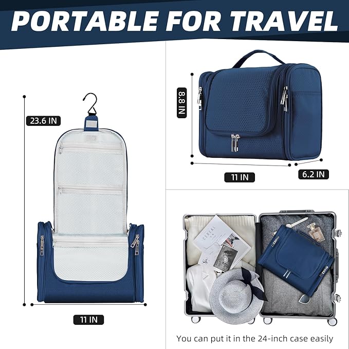 Buruis Hanging Toiletry Bag for Women and Men, Large Water-Resistant Makeup Organizer with Sturdy Hook, Lightweight Nylon Dopp Kit for Full-Sized Toiletries & Cosmetics, Blue