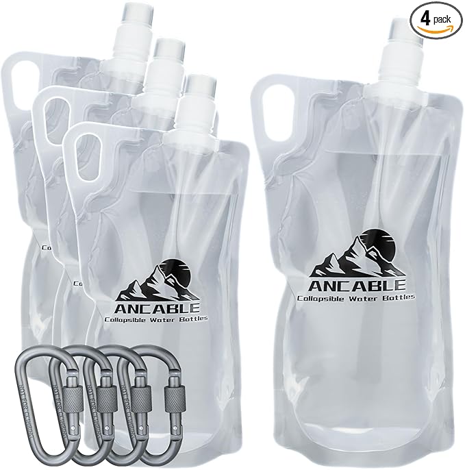 Ancable 1L Hiking Collapsible Water Bottles, 4-Pack 33OZ BPA-Free Foldable Backpacking Water Bottle for Travel Camping Hiking
