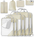 Compression Packing Cubes 10 Set, Compressible Space-Saving Packing Cubes for Travel - Compression Bags, Luggage Organizer, Travel Essentials for Women, Beige