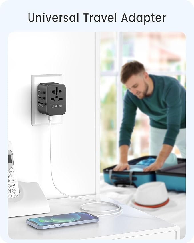 LENCENT Universal Travel Power Adapter, 30W GaN International Plug Adapter, Fast Charger with 5 USB Port(3 USB C), All-in-One Worldwide Travel Essentials for US to EU UK Ireland Australia Type C/G/A/I