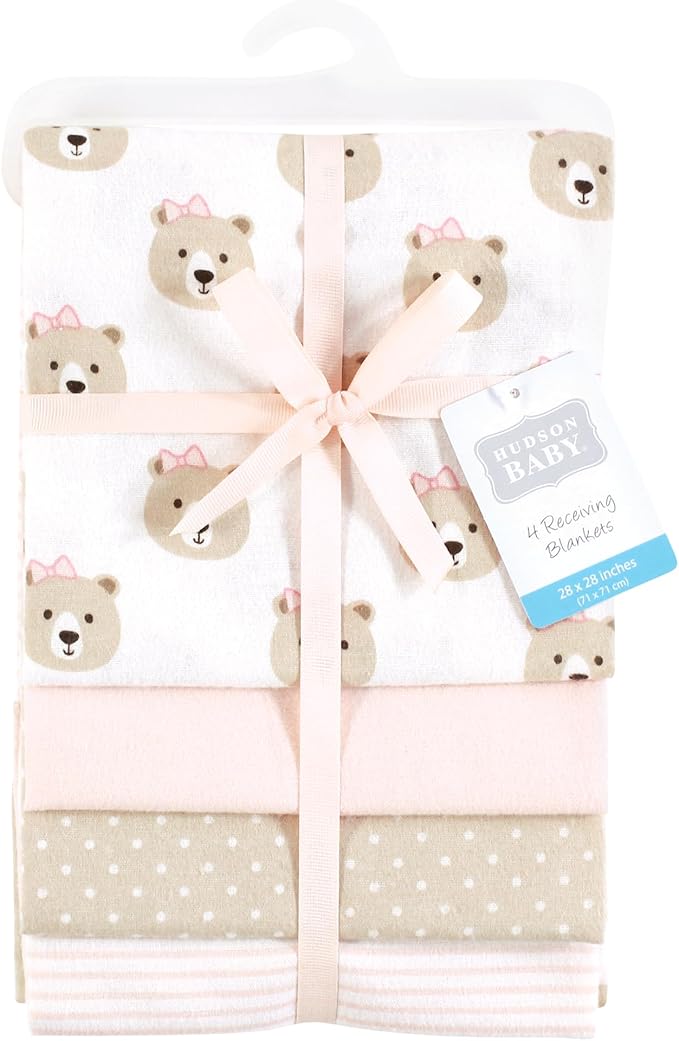Hudson Baby Unisex Baby Cotton Flannel Receiving Blankets, Pink Taupe Bear, One Size (Pack of 2)