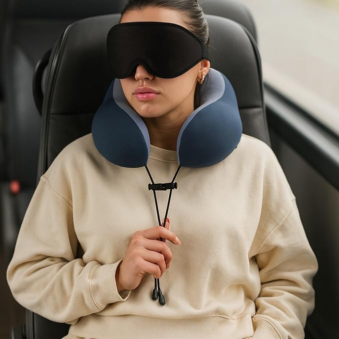 Travel Pillow Set – Memory Foam Neck Pillow with 3D Sleep Mask, Eye Mask for Sleeping, Free Earplugs & Compact Case, Travel Essentials for Airplane, Gift for Men & Women