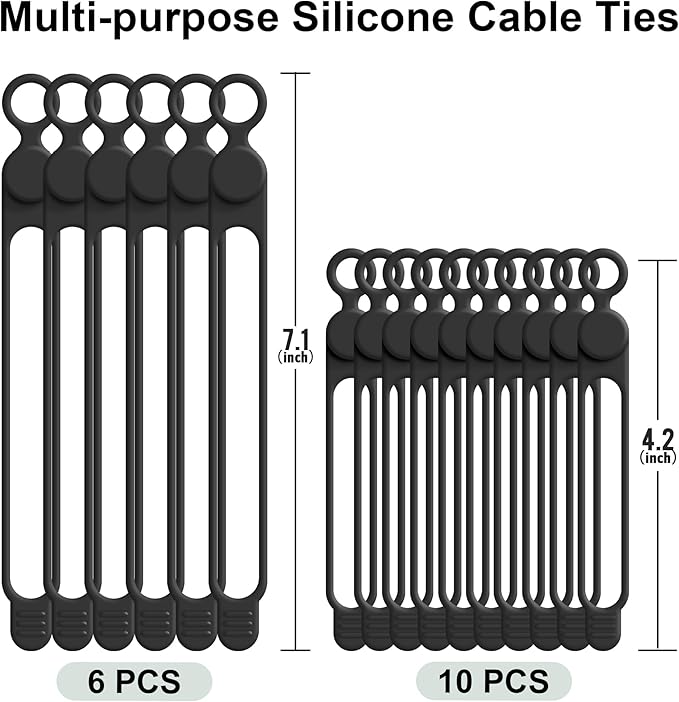 Nearockle Silicone Cable Ties Cord Organizer for Cable Management, 16PCS 4.2" and 7.1" Reusable Cable Organizer Electronic Accessories for Home, Office, Kitchen, School, Travel (Black)