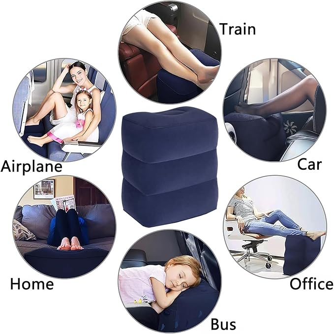 Inflatable Travel Foot Rest Pillow, Adjustable Height Leg Rest Pillow for Cars, Home, Office, Trains, Airplane, Make a Flat Bed for Baby, Kids, Toddlers, Blue, 2 Pack