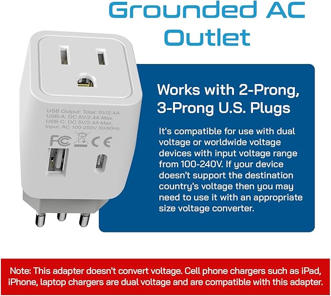 Ceptics Brazil Travel Plug Set - with 2 USB + USA Socket Input - Type C and Type N- Ultra Compact - Safe Grounded Perfect for Cell Phones, Laptops, Camera Chargers