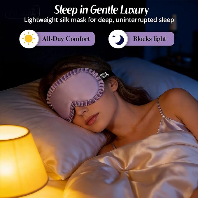 Silk Sleep Mask for Women: 100% Mulberry Silk Eye Mask, Black Back Sleeping Mask for Light Blocking, Soft Wavy Edge Eye Cover and Adjustable Strap, Travel & Sleep Gift (Purple)