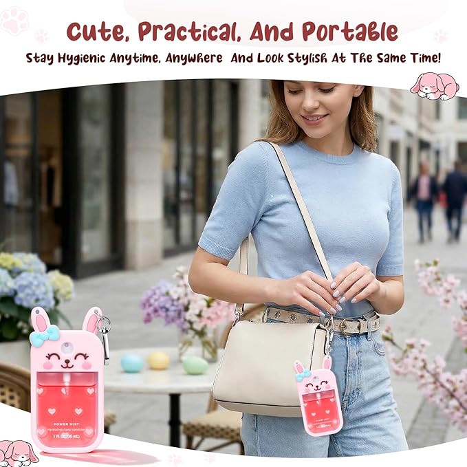 Bunny Silicone Case for Touchland Hand Sanitizer Spray with Keychain Holder, Compatible with Power Mist & Glow Mist 1 FL Oz/30ML for Touchland Case, Easter Cute Travel Cover Sleeve Pink