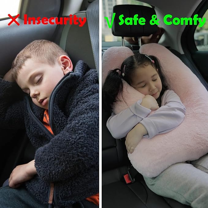 Atablyn Pink Soft Cotton Travel Neck Pillow -Ergonomic Support for Child and Adult Car Seats, Cozy Compact Pillow for Long-Distance Travel Essentials