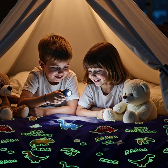 Wajade Dinosaur Glow in The Dark Blanket Dinosaur Gifts for Boys Girls 1 2 3 4 5 6 7 8 9 10 11 12 Kids Blanket with Dino Birthday Ideas Soft Bed Couch Throw Home (Navy Blue 50"x60")