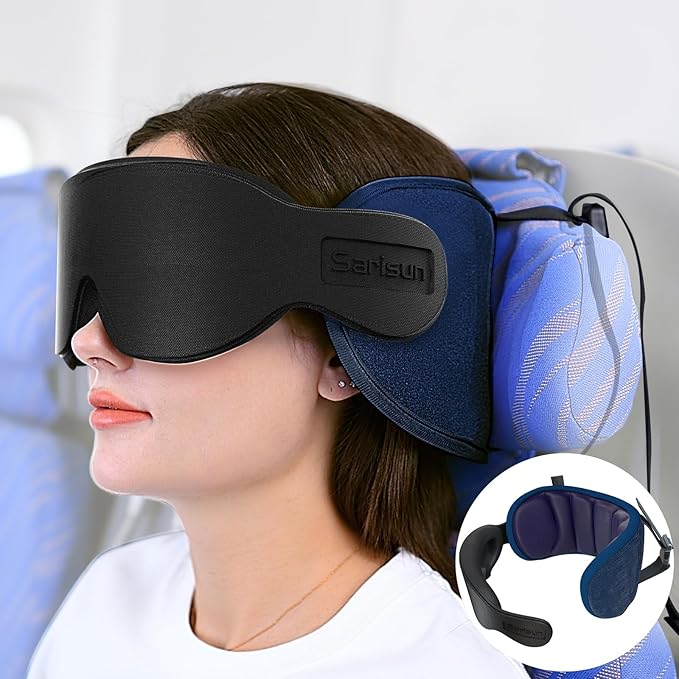 SARISUN Travel Pillows for Airplanes, Airplane Pillow with 3D Eye Mask for Sleeping, 360° Support Head Strap for Long Flights, Car, Road Trip Car Headrest, Travel Essentials Stop Bobblehead, Purple