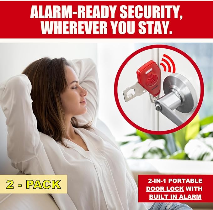 Securityman Portable Door Lock with Alarm (2 Pack) | Hotel Door Locks for Travelers Security | Loud 130dB Door Security Device for Hotel Room, Apartment Home, & Travel Safety Inside